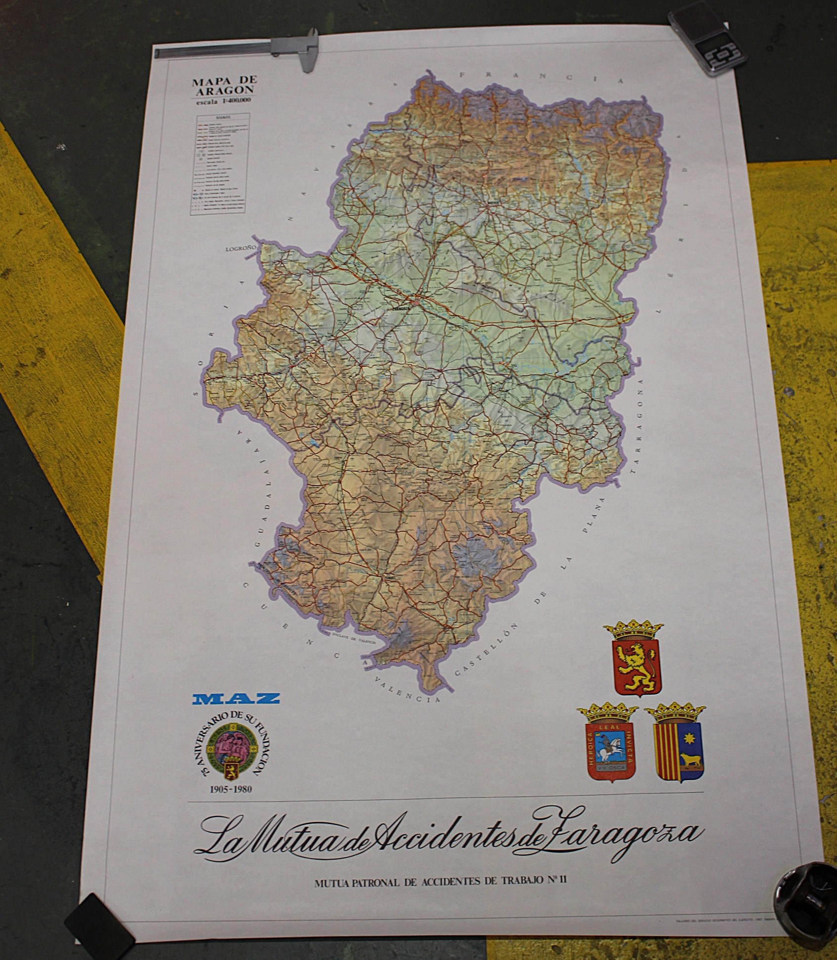 Mapa de Aragón 1980 1:400000 MAZ (Mutua Accidentes Zaragoza).
