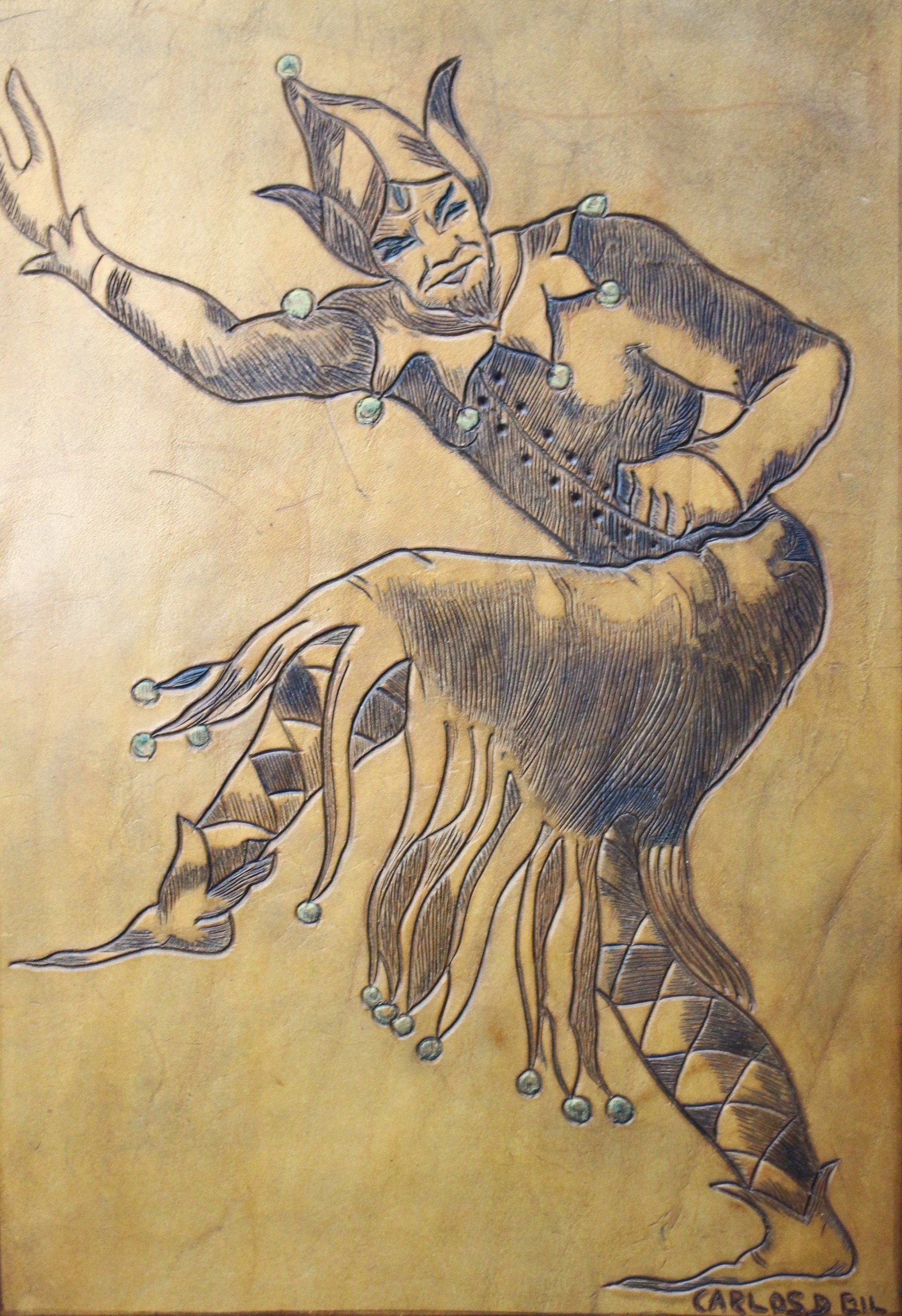 Joker o Puck pirograbado sobre cuero y enmarcado. - Imagen 3